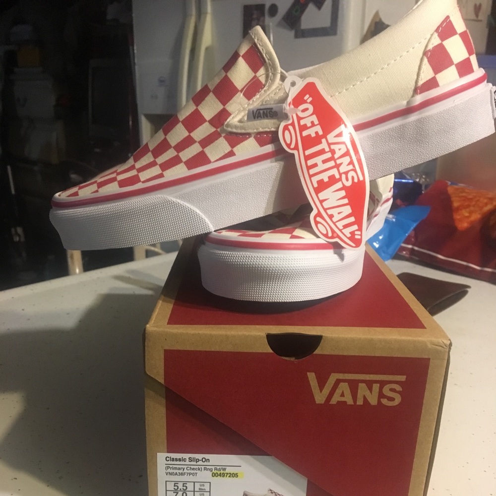 Red and white checkerboard vans